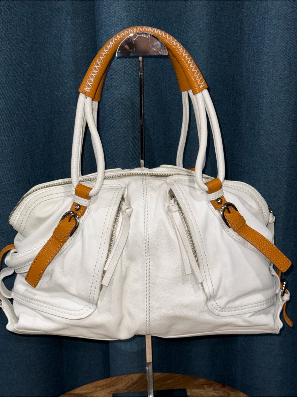 Sondra Roberts White Leather Shoulder Bag with Tan Accents
